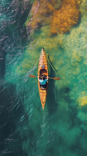 a man riding a wooden kayak in the water, water in the style of rainbow color mixing, aerial view