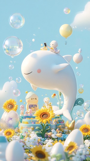 A cute little white whale is flying and playing with a cute sunflower field in the centre, surrounded by floating bubbles and soft pastel colours. The background is a clear sky blue, creating an atmosphere of whimsy and joy. In front, there's an interactive table displaying various adorable toys like dolls or teddy bears. A small character sits on top of it, holding their phone and smiling at what they see. ar 9:16