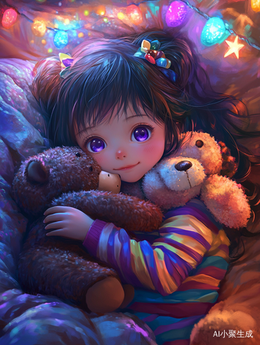 可爱小女孩与毛绒玩具熊的温馨卧室