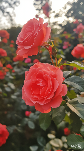 绚丽玫瑰花朵在花园中盛开吸引蜜蜂和蝴蝶