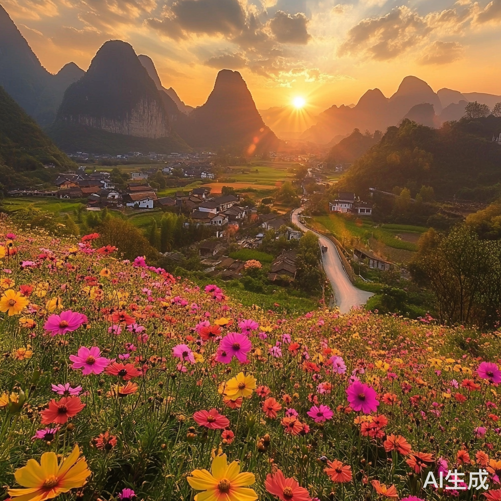 广西山区花田与夕阳中的迷人小村庄
