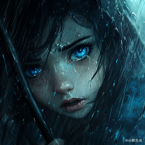 蓝眼女孩雨中哭泣绝望无助