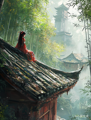 荒废寺庙屋顶狐狸尾巴少女与竹林的神秘等待