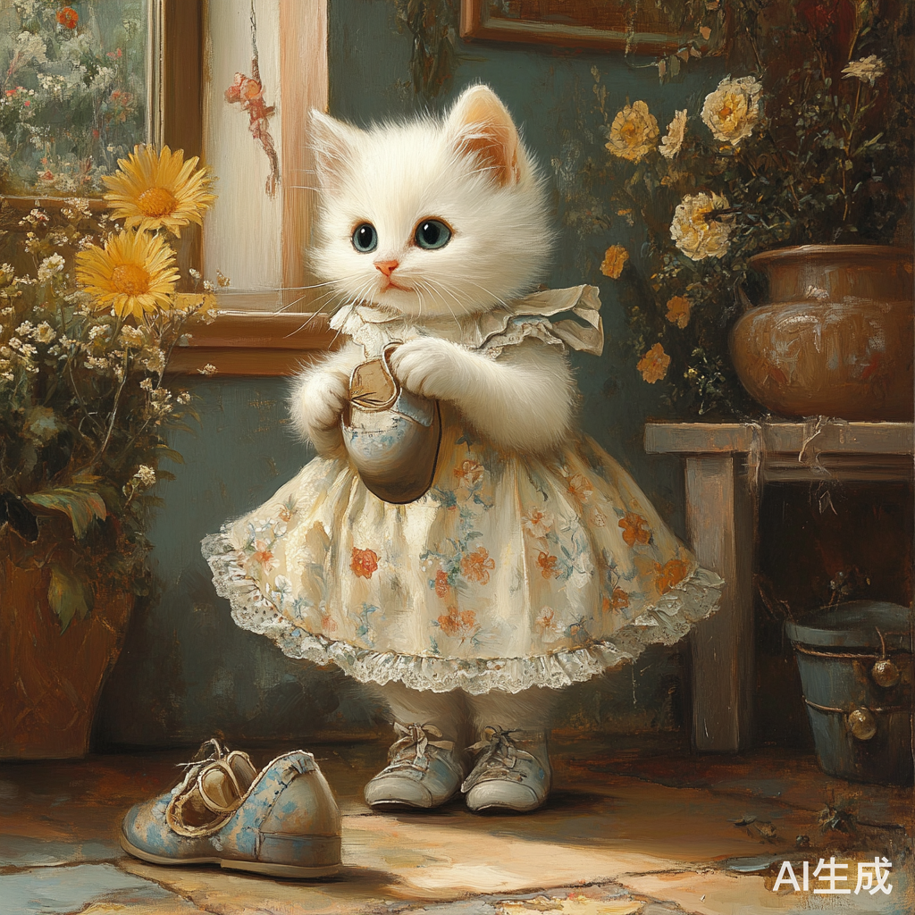 小白猫穿花围裙刷鞋的 adorable 场景