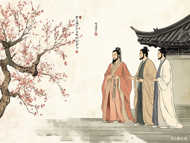 古代宅子中的水墨水彩工笔画三国演义人物