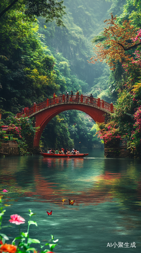 广东古龙峡网红河谷红色小拱桥与清澈河水的完美风景