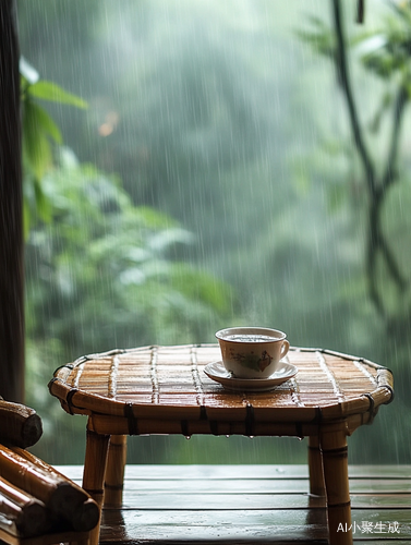 雨中竹茶几和竹椅上的一杯茶