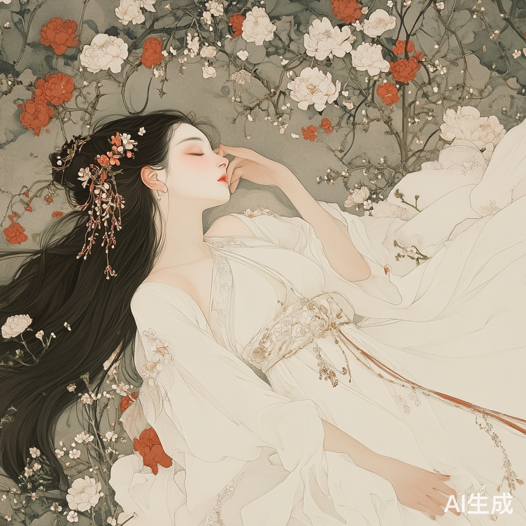 蕾丝薄纱白裙下的性感仙女慵懒休憩花丛