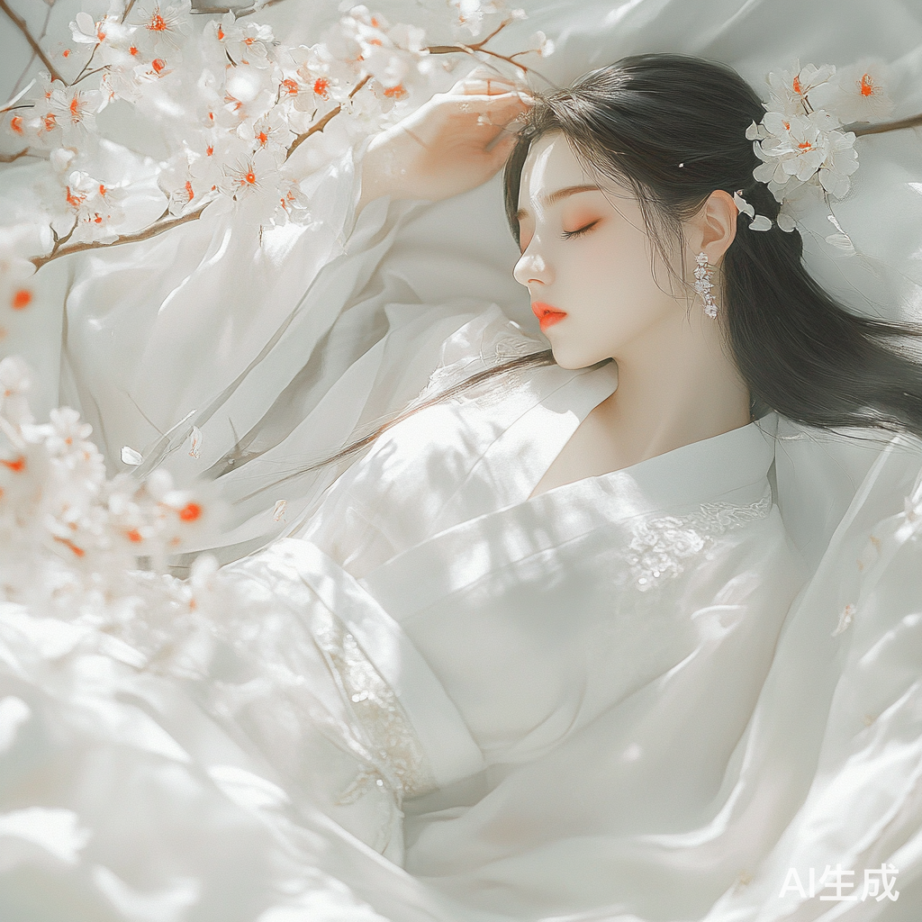 蕾丝薄纱白裙下的性感仙女慵懒休憩花丛