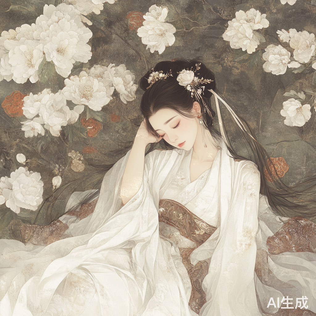 蕾丝薄纱白裙下的性感仙女慵懒休憩花丛