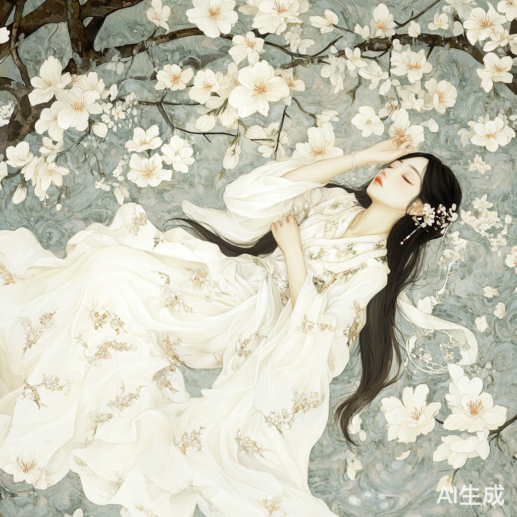 蕾丝薄纱白裙下的性感仙女慵懒休憩花丛