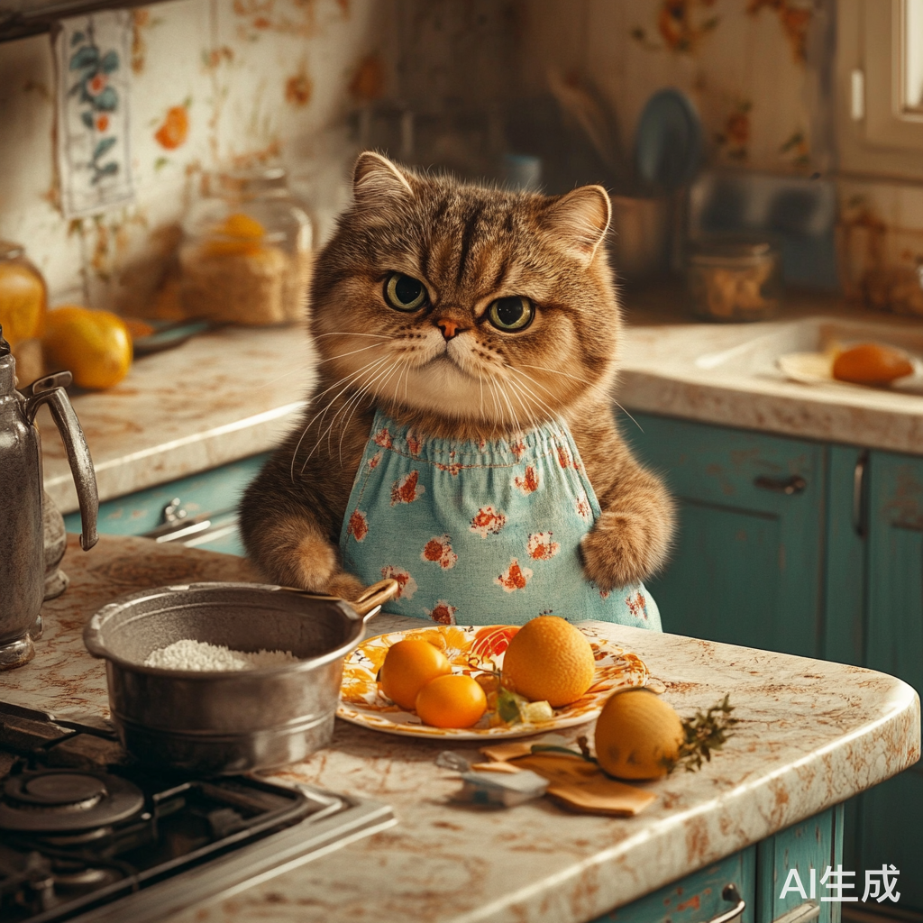 可爱猫咪在厨房系围裙做菜