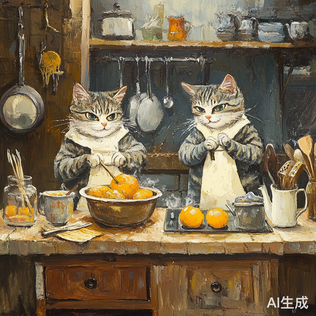 猫咪在厨房忙碌炒菜的有趣场景