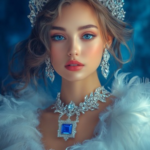 A beautiful girl is wearing a set of jewelry featuring an exaggerated sapphire necklace design, with the entire necklace encrusted with sapphire stones and a large square sapphire pendant hanging in the center. The eye-catching jewelry includes a necklace and earrings. She is dressed in a white feather dress, wearing a crown on her head, and gazing into the camera. She has delicate facial features, bright eyes, and pink lips, with a blue background. The entire scene is rendered in an oil painting style, wit