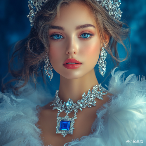 Exquisite Sapphire Jewelry Adorned Beauty in Feather Dress Oil Painting