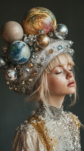 Fashion Photography of a Blonde Woman in Planet Themed Outfit