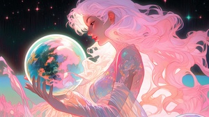 the planet Pluto rotating around an ethereal space goddess standing in a Sedona mountain valley, translucent liquid ribbons swirling around, dramatic lighting, pastel neon colors, dreamy aesthetic, pop surrealism, science fiction painting, shoujo comic manga, neon glow, Martine Johanna, Sarah Joncas, Alphonse Mucha, Natalia Dias, aurora borealis ar 16:9 v 5荷花