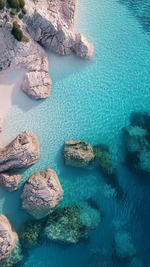 rainbow pinkish sky, drone view, crystal clear sea,tiffany blue sea