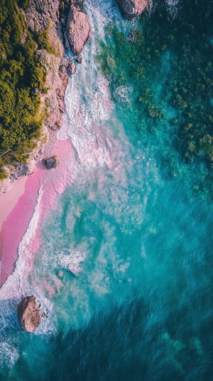 rainbow pinkish sky, drone view, crystal clear sea,tiffany blue sea