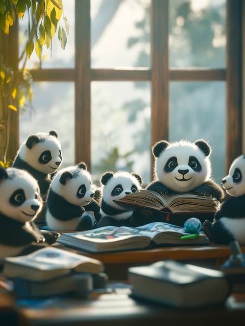 Photos showing several baby pandas, reading a book in a classroom, early morning sunlight shining through the window, blurred foreground, fine details, realistic, master photography, photographer John Aitchison, cinematic lighting effects,ar3∶4