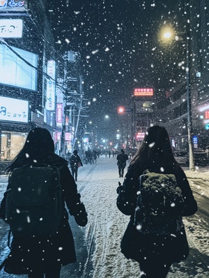 It's snowing in Tokyo. People are walking on the street at night. There is no lighting inside the buildings. It's windy and snowy. There was an epic blizzard with heavy snowfall and huge white clouds in the sky. There were many girls wearing winter and carrying backpacks. The photo was taken from an iPhone.