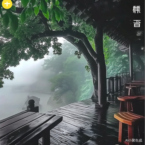 雾气缭绕的郁葱远景与木质桌椅的宁静