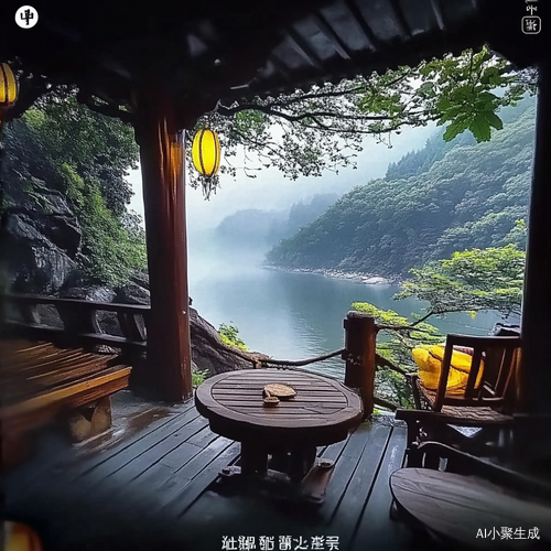 雾气缭绕的郁葱远景与木质桌椅的宁静