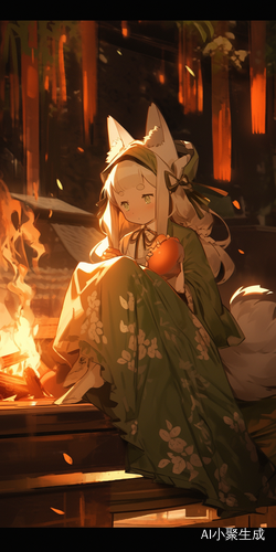 狐狸耳朵女孩穿唐装坐火炉前发呆