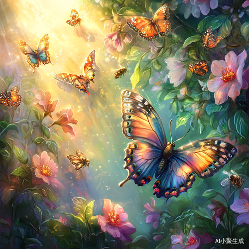 梦幻自然景象下的五彩蝴蝶与忙碌蜜蜂