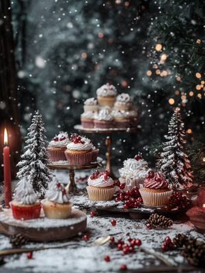 a table setting with cupcakes and trees on a table, in the style of nikon d850, dark red and light brown, snow scenes, hand lettering, 32k uhd, nelleke pieters, cute and dreamy v 6.1 style raw