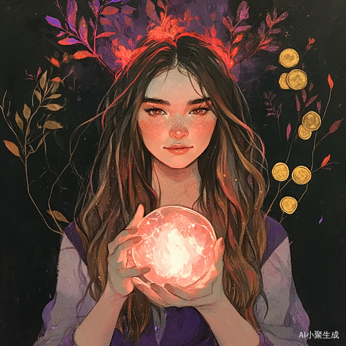 水晶球下的棕色长发女生与光芒树木和金币