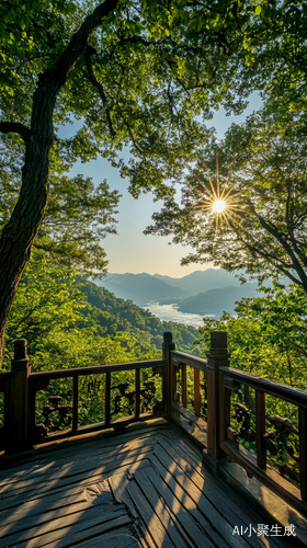 阳台角落的茶香与阳光洒下的山林景致