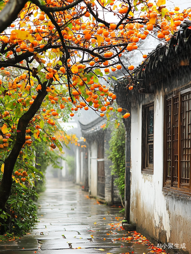 江南小镇的秋雨青石巷与丰盈柿树