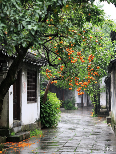 江南小镇的秋雨青石巷与丰盈柿树