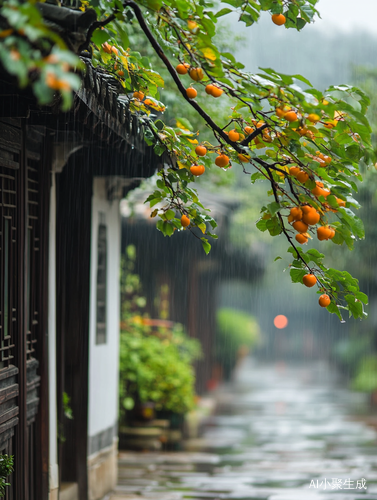 江南小镇的秋雨青石巷与丰盈柿树