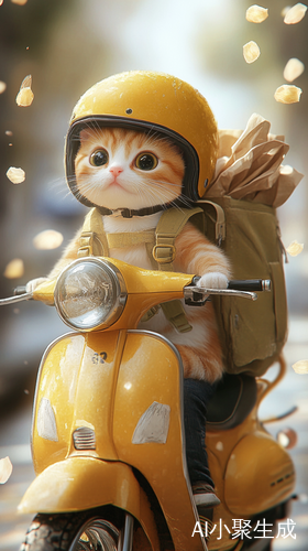 小橘猫骑摩托车送外卖的可爱冒险