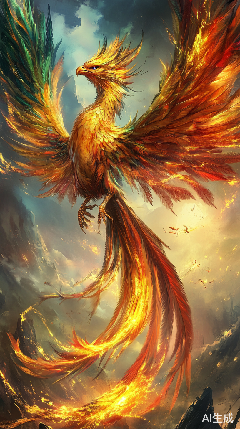 五彩斑斓凤凰展翅燃烧重生于霞光之中