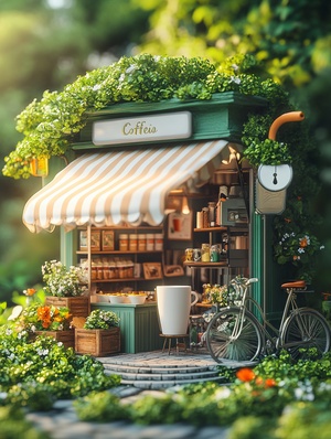 Shop made of coffee cup, sun umbrella, mailbox, bicycle, green space, flowers, commercial photography, C4D, OC, 8K ultra clear