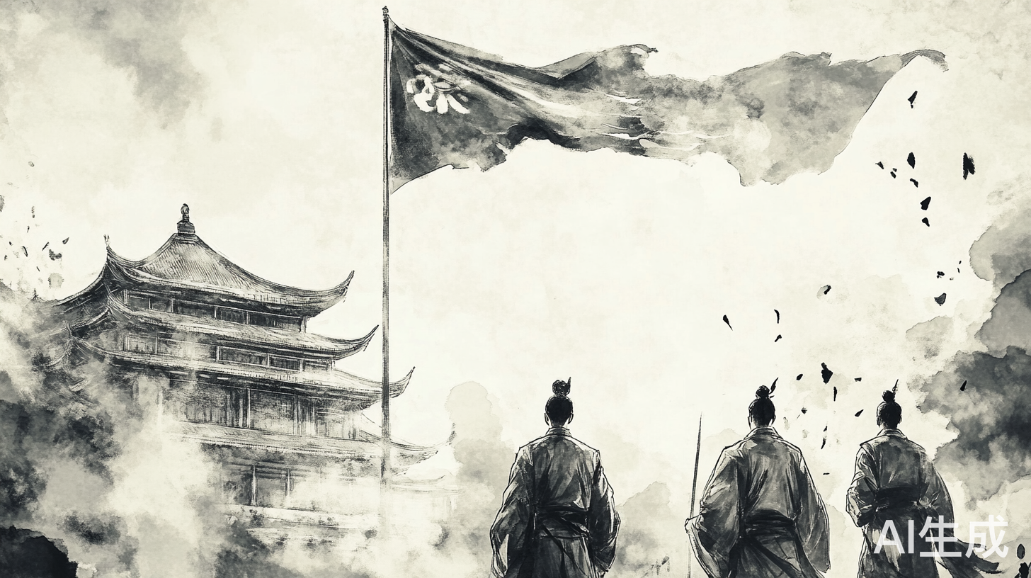 汉朝军旗在天空中飘扬古人仰望的场景