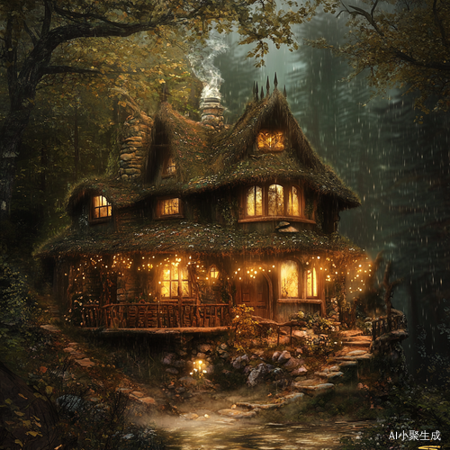 雨中茶屋边欣赏树林美景