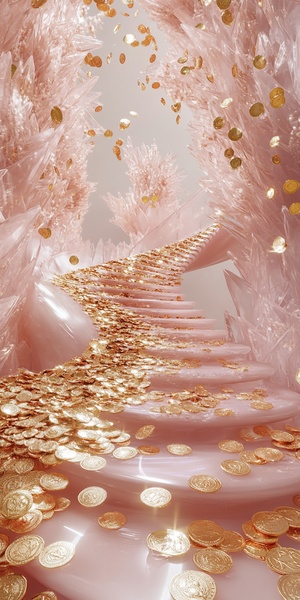 A large number of gold foil gold coins are scattered on the angel's spiral staircase and the transparent pink crystal staircase-in a luminous and dreamy scene stylesparkling reflections