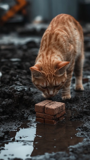 雨中搬砖的花猫,泥泞工地,环境昏暗湿漉,伤感