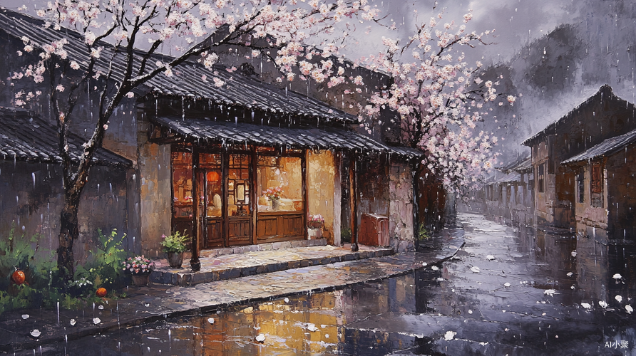 小楼春雨深巷杏花夜景