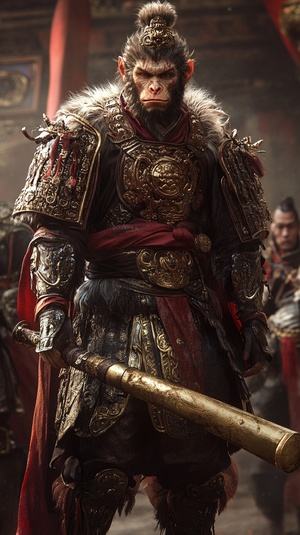 The full-body portrait of the Monkey King in-game, in intricate war robes and armor, wielding the Golden Cudgel,exemplifies a realistic style, portraying a weathered visage that has braved through myriad battles, each scar telling a tale of his arduous and epic adventures.