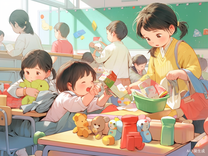 画家和小朋友一起准备幼儿园所需物品