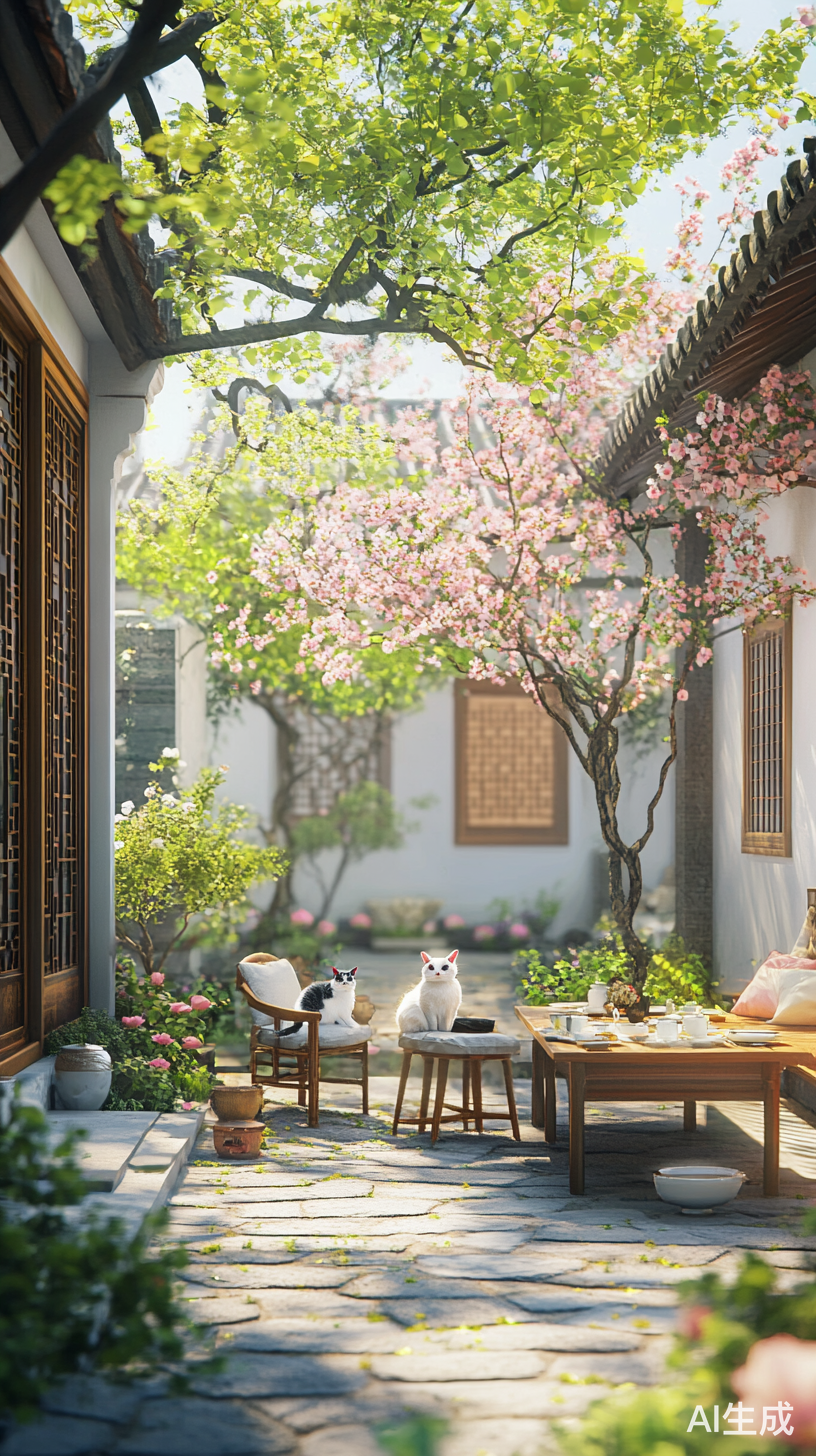 中国风庭院月光下的晚餐与宁静猫咪