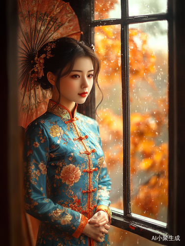 初秋细雨中旗袍美女静立窗前