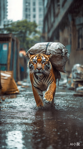 雨中湿身老虎背水泥在工地上行走