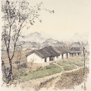 乡村景色：描绘一个宁静的乡村环境，远离城市的喧嚣。方宅：画出一个方形的宅院，周围有十余亩的土地，展现出宽广的田野。草屋：展示八九间简单的草屋，屋顶用草覆盖，给人一种自然、朴素的感觉。榆柳树：在宅院后面种植榆树和柳树，树荫洒落在屋檐下，增添一丝阴凉。桃李树：在宅院前种植桃树和李树，盛开的花朵和果实营造出丰收的氛围。远人村落：在远处描绘一个小村庄，房屋错落有致，烟雾缭绕，营造出温馨的乡村生活气息。狗吠与鸡鸣：在画面中加入狗在深巷中吠叫和鸡在桑树上鸣叫的细节，增添生活的气息。