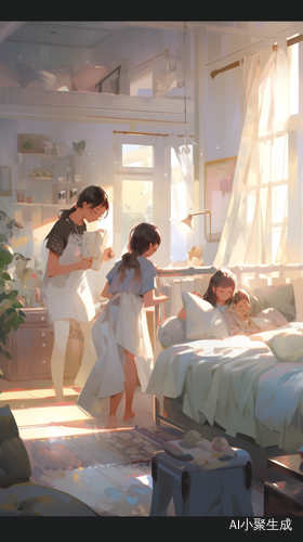 阳光洒在温馨客厅女生穿睡衣伸懒腰